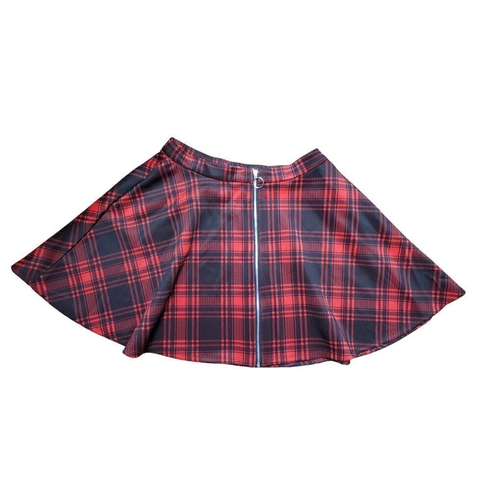 Hot Topic O-Ring Plaid Zipper Skater Skirt Red Black Front Exposed Zipper‎ 30